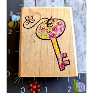 Hampton Art Floral Key Flower Rubber Stamp Wood #B118